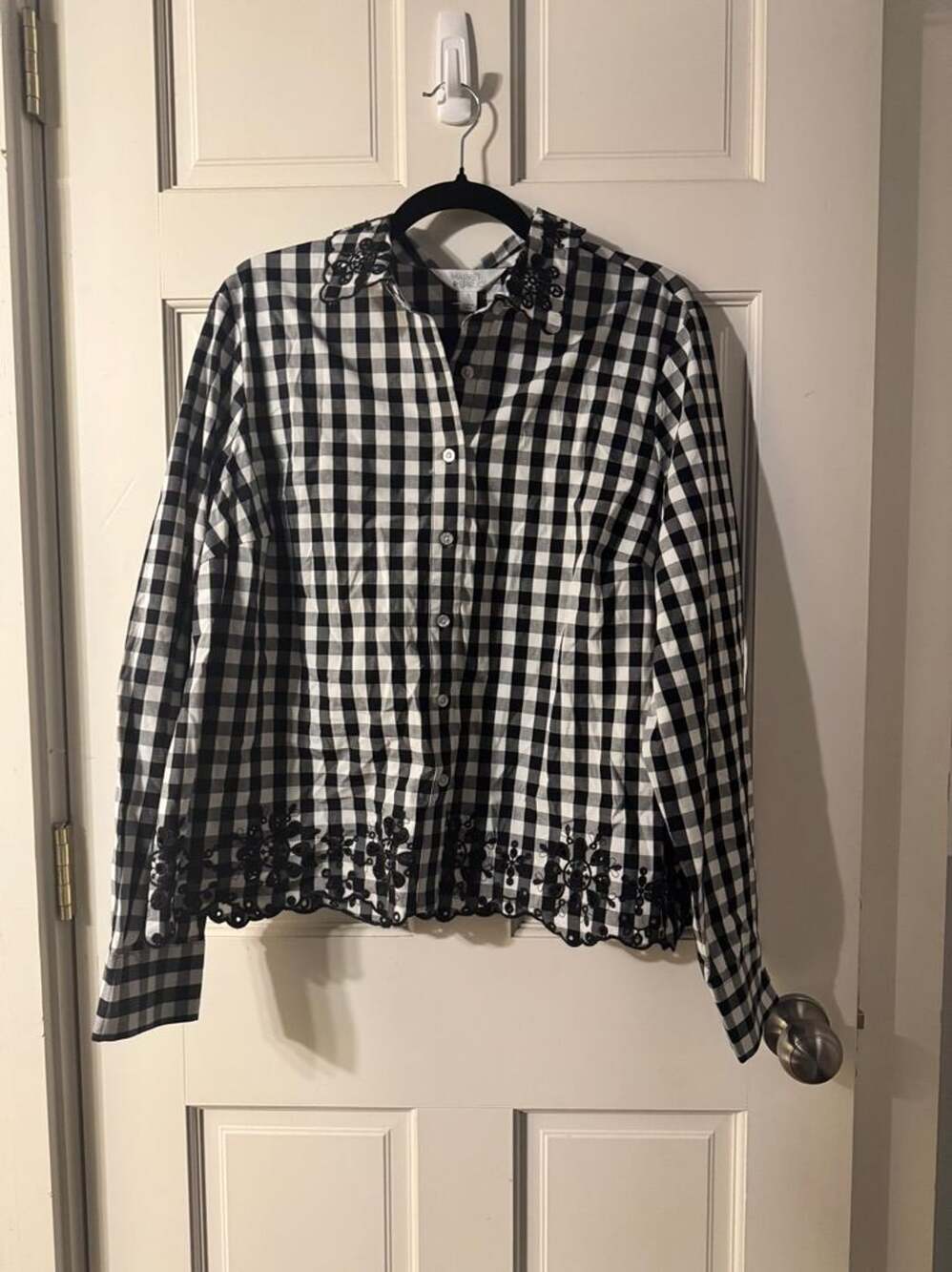 Market & Spruce Button Down Shirt Size L Black White Gingham Embroidered